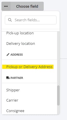 filter for pickup and delivery address
